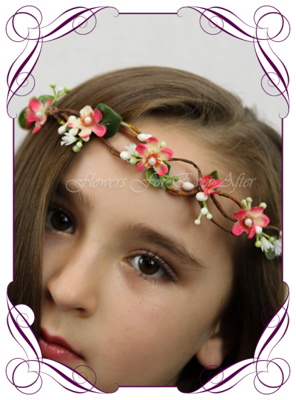 Silk Artificial floral hair crown / halo featuring faux flower coral dainty small flowers, gyp baby's breath and pearls in a simple style. Made in Melbourne by Australia's best Silk Florist, worldwide shipping available