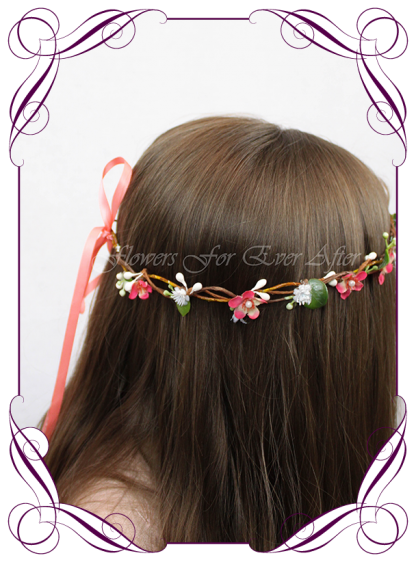 Silk Artificial floral hair crown / halo featuring faux flower coral dainty small flowers, gyp baby's breath and pearls in a simple style. Made in Melbourne by Australia's best Silk Florist, worldwide shipping available