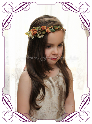 Artificial Faux Bridal Flower Girl hair halo / crown with cream and burnt orange boho colours. Silk wedding florist Melbourne. Worldwide Shipping. Earth tone cream and rust flower wreath