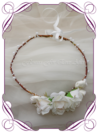 Silk Artificial floral hair crown / halo featuring faux flower Champagne white roses and pearls in a simple style. Made in Melbourne by Australia's best Silk Florist, worldwide shipping available