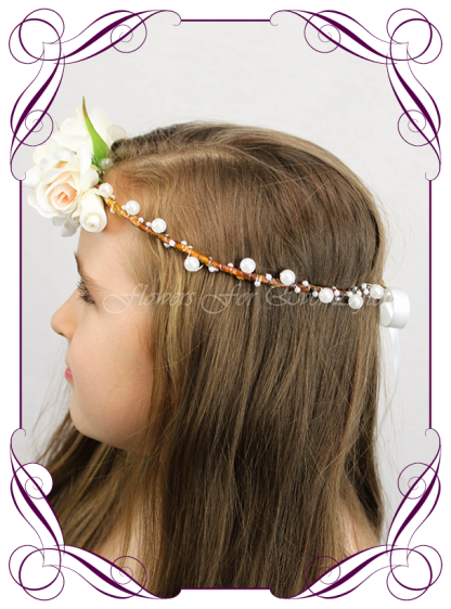 Silk Artificial floral hair crown / halo featuring faux flower Champagne white roses and pearls in a simple style. Made in Melbourne by Australia's best Silk Florist, worldwide shipping available