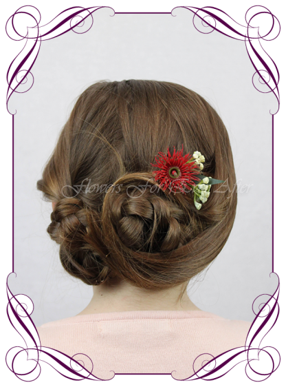 Silk artificial faux Australian native hair comb pin design. Red gum flower and nuts. Made in Melbourne by Australia's best wedding florist. Buy online.