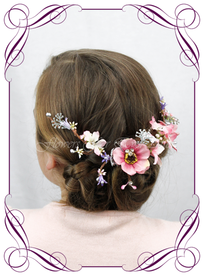 Silk Artificial floral bridal hair vine comb featuring faux flower pinks and purples with crystals. Made in Melbourne by Australia's best Silk Florist, worldwide shipping available