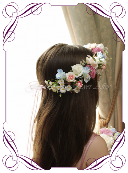 Silk Artificial floral hair crown / halo featuring faux flower blue hydrangea and roses in a classical style and pastel tones. Made in Melbourne by Australia's best Silk Florist, worldwide shipping available