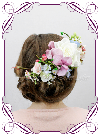 Silk Artificial floral bridal hair comb featuring faux flower powder blue pinks and purples with crystals. Made in Melbourne by Australia's best Silk Florist, worldwide shipping available