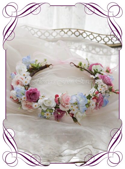 Silk Artificial floral hair crown / halo featuring faux flower blue hydrangea and roses in a classical style and pastel tones. Made in Melbourne by Australia's best Silk Florist, worldwide shipping available