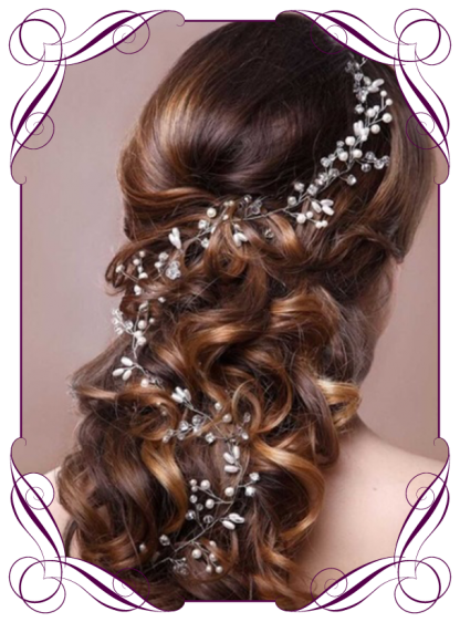 Crystal diamante and pearl silver bridal hair design vine, long length for soft bridal curls or braids. Wedding hair design ideas. Buy online, shipping world wide.