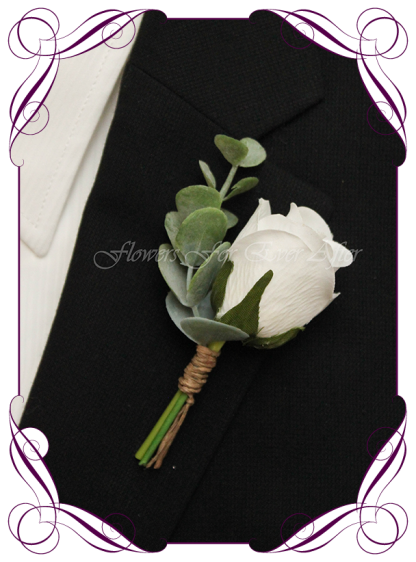 silk artificial white rose and blue gum leaves gents groom groomsman mens button boutonniere wedding flower for men. Made in Australia. Buy online. Shipping world wide