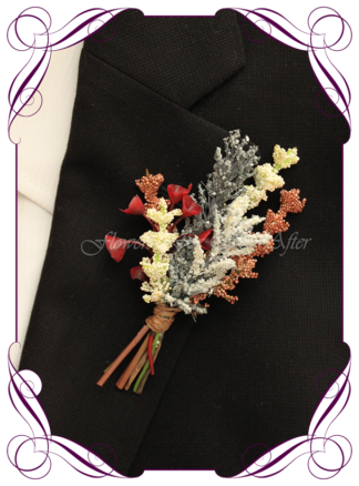 Silk artificial boho unusual rustic mens button boutonniere wedding prom formal. Burgundy and cream unusual wedding flowers, unusual mens pocket flower. Made in Melbourne by Australia's best silk florist. Buy online. Shipping worldwide