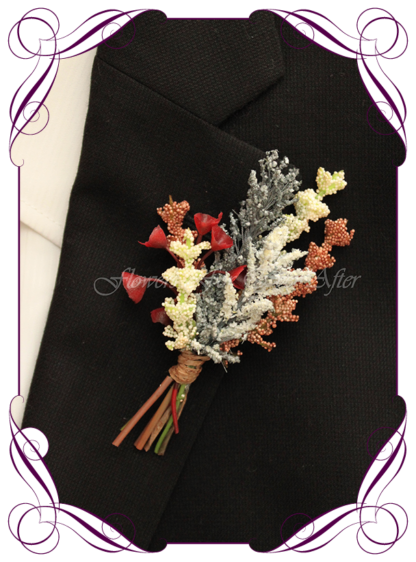 Silk artificial boho unusual rustic mens button boutonniere wedding prom formal. Burgundy and cream unusual wedding flowers, unusual mens pocket flower. Made in Melbourne by Australia's best silk florist. Buy online. Shipping worldwide