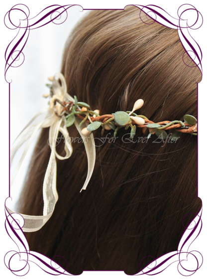 Silk artificial faux cream and green hair halo / crown design. Dainty sweet simple hair crown wreath for flowergirl, bridesmaid bride, bridal hair ideas. Made in Melbourne by Australia's best wedding florist. Buy online.