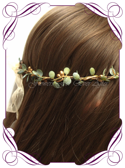 Silk artificial faux gold and green hair halo / crown design. Dainty sweet simple hair crown wreath for flowergirl, bridesmaid bride, bridal hair ideas. Made in Melbourne by Australia's best wedding florist. Buy online.