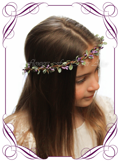 Silk artificial faux purple and green hair halo / crown design. Dainty sweet simple hair crown wreath for flowergirl, bridesmaid bride, bridal hair ideas. Made in Melbourne by Australia's best wedding florist. Buy online.