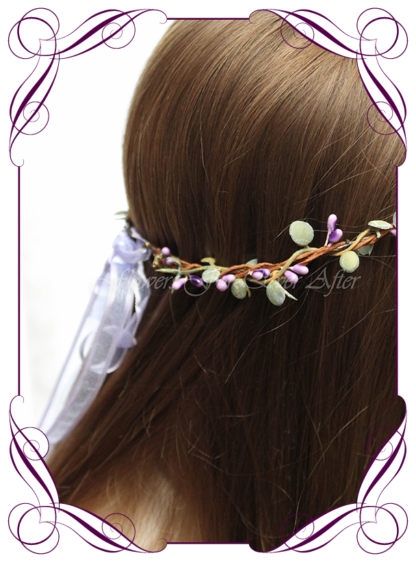 Silk artificial faux purple and green hair halo / crown design. Dainty sweet simple hair crown wreath for flowergirl, bridesmaid bride, bridal hair ideas. Made in Melbourne by Australia's best wedding florist. Buy online.