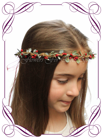 Silk artificial faux red and green hair halo / crown design. Dainty sweet simple hair crown wreath for flowergirl, bridesmaid bride, bridal hair ideas. Made in Melbourne by Australia's best wedding florist. Buy online.