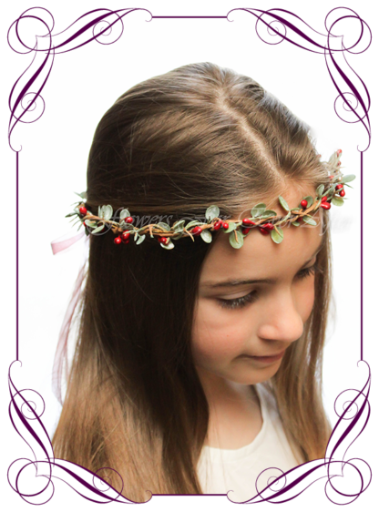 Silk artificial faux red and green hair halo / crown design. Dainty sweet simple hair crown wreath for flowergirl, bridesmaid bride, bridal hair ideas. Made in Melbourne by Australia's best wedding florist. Buy online.