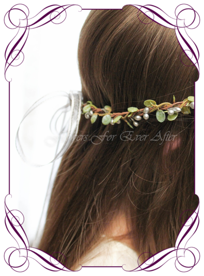 Silk artificial faux silver and green hair halo / crown design. Dainty sweet simple hair crown wreath for flowergirl, bridesmaid bride, bridal hair ideas. Made in Melbourne by Australia's best wedding florist. Buy online.