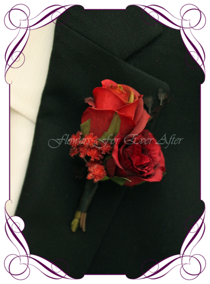 Silk artificial dark moody red, and black mens button boutonniere wedding prom formal. Rose, unusual wedding flowers, unusual mens pocket flower. Gothic wedding, gothic bridal flowers. Made in Melbourne by Australia's best silk florist. Buy online. Shipping worldwide