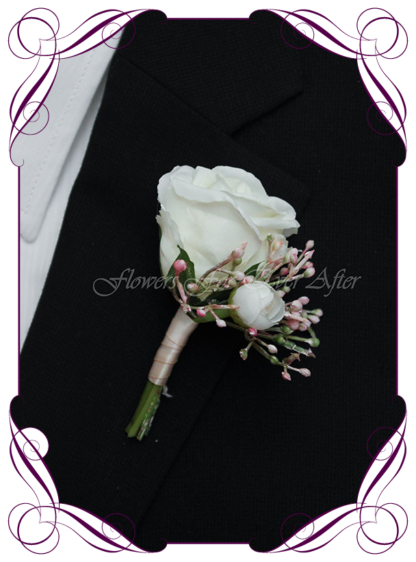 silk artificial white rose and blush pink baby's breath gyp gents groom groomsman mens button boutonniere wedding flower for men. Made in Australia. Buy online. Shipping world wide