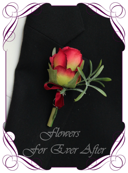 A Gorgeous Silk Artificial vibrant groomsman, grooms, gents, mens button boutonniere for wedding, formal, prom. Red rose and green. Made in Melbourne by Australia's Best Artificial Bridal Florist. Worldwide Shipping available
