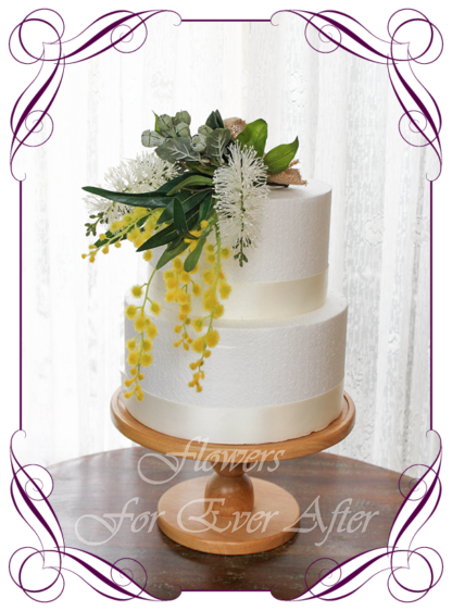 Realistic silk artificial fake flower rustic native Australian wattle, bottle brush and gum nut cake topper floral decoration. For fondant icing, naked cake, or cheese wheel cake.Made in Melbourne. Shipping world wide. Buy online