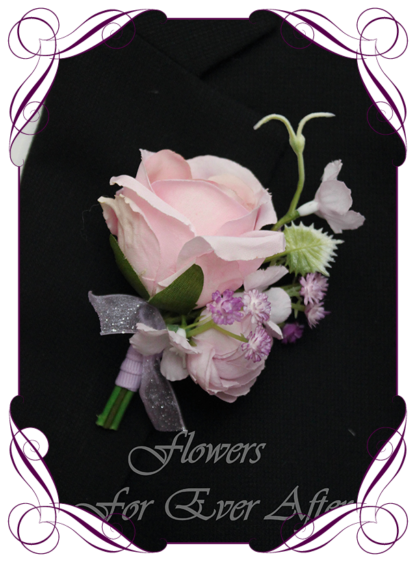 silk artificial gents mens button grooms groomsmans boutonierre for wedding and formal / prom. Pink rose bud with lilac purple flowers.. Made in Melbourne Australia. Buy online, shipping world wide.