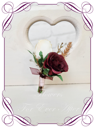 Silk boutonniere artificial elegant mauve and red rose boho mens button boutonniere wedding prom formal. Unusual wedding flowers, unusual mens pocket flower, men's fashion. Made in Melbourne by Australia's best silk florist. Buy online. Shipping worldwide