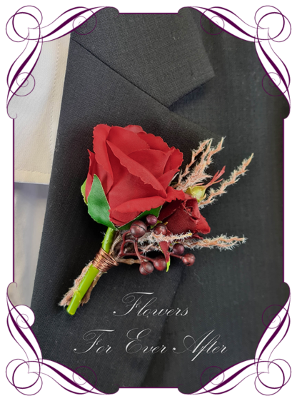 Silk boutonniere artificial elegant red rose mens button boutonniere wedding prom formal. Unusual wedding flowers, unusual mens pocket flower, men's fashion. Made in Melbourne by Australia's best silk florist. Buy online. Shipping worldwide