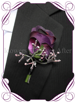 silk boutonniere artificial purple gents mens button grooms groomsmans boutonierre for wedding and formal / prom. Purple rose bud with lilac purple flowers.. Made in Melbourne Australia. Buy online, shipping world wide.