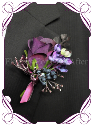 silk boutonniere artificial purple gents mens button grooms groomsmans boutonierre for wedding and formal / prom. Purple rose bud with lilac purple flowers.. Made in Melbourne Australia. Buy online, shipping world wide.