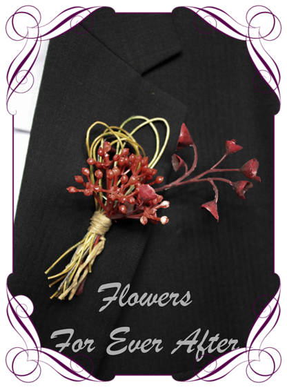 silk artificial gents mens button grooms groomsmans boutonierre for wedding and formal / prom. Rust and burgundy flowers.. Made in Melbourne Australia. Buy online, shipping world wide.