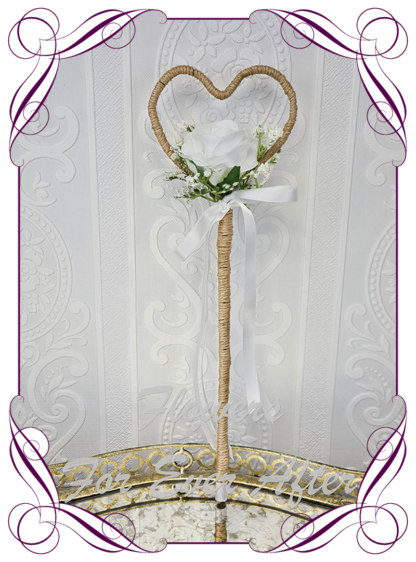 Silk artificial flower girl wand wedding flowers. White rose and baby's breath in a twine heart. Made in Melbourne. Shipping worldwide. Buy online wedding flowers.