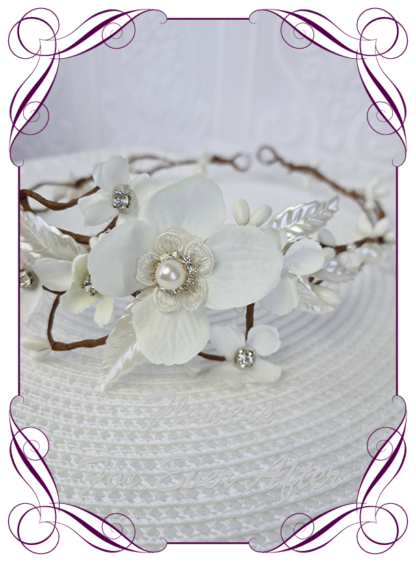 Silk artificial all white with pearls and bling crystals floral hair crown halo. Ideal for wedding, Communion, Confirmation hair decoration. Made in Melbourne Australia. Buy online. Ships worldwide.