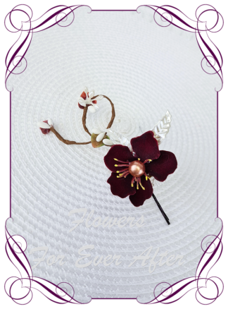 Silk artificial rustic burgundy, ivory fine flowers, floral hair pin. Ideal for wedding, engagements, special events hair decoration. Made in Melbourne Australia. Buy online. Ships worldwide.