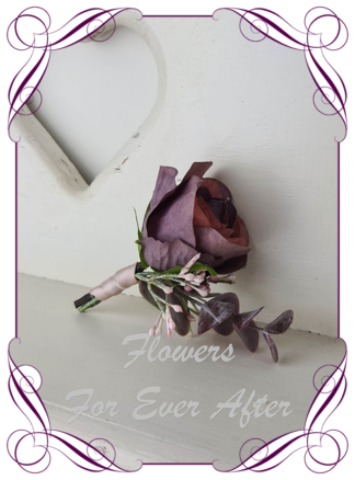 silk artificial gents mens button grooms groomsmans boutonniere for wedding and formal / prom. Plum burgundy rose bud with blush pink pampas and native gum leaves. Made in Melbourne Australia. Buy online, shipping world wide.