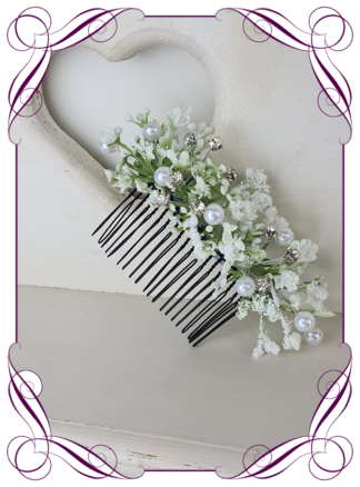 Silk artificial baby's breath and pearl gyp bridal hair comb. Wedding hair florals. simple white wedding hair flowers. Made in Australia. By online. Shipping world wide
