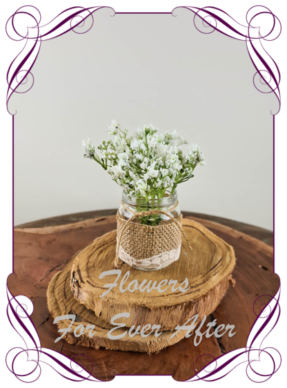 Silk artificial baby's breath bunch cluster table centrepiece decoration. Wedding table florals. simple white wedding rustic table centrepiece. Made in Australia. Buy online. Shipping world wide