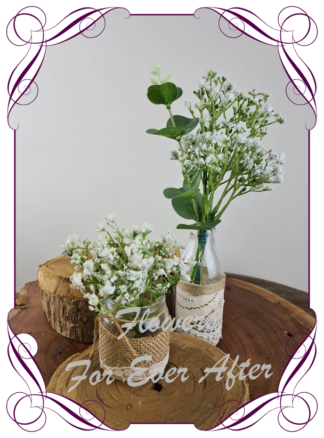 Silk artificial baby's breath and eucalypt gum bunch cluster table centrepiece decoration. Wedding table florals. simple white wedding rustic table centrepiece. Made in Australia. Buy online. Shipping world wide