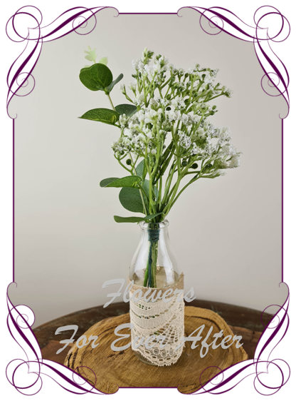 Silk artificial baby's breath and eucalypt gum bunch cluster table centrepiece decoration. Wedding table florals. simple white wedding rustic table centrepiece. Made in Australia. Buy online. Shipping world wide