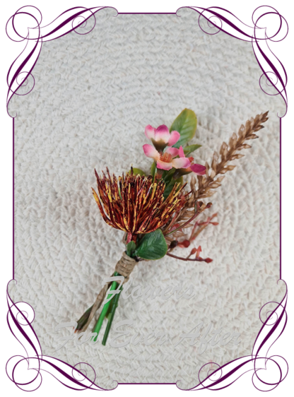 silk artificial gents mens button grooms groomsmans boutonierre for wedding and formal / prom. Native Australian flowers. Made in Melbourne Australia. Buy online, shipping world wide.