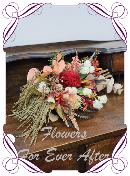 Silk artificial red ivory pink sage rustic boho elegant wedding bridal bouquet posy. All Australian native flowers and gum foliage leaves. Made in Melbourne Australia, post worldwide. Elopement. Eloping bouquet flowers.