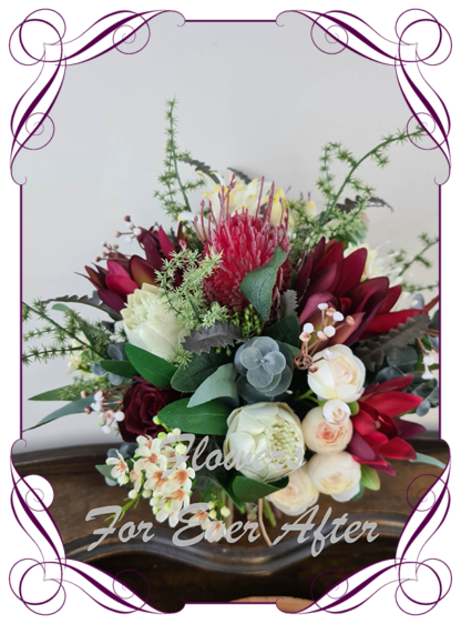 Silk artificial burgundy, ivory, champagne elegant wedding bridal bouquet posy. Roses, native gum foliage leaves, protea, banksia, native Australian flowers. Made in Melbourne Australia, post worldwide. Elopement. Eloping bouquet flowers.
