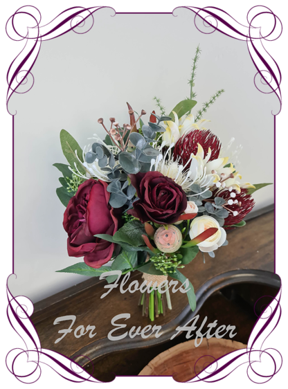 Silk artificial burgundy, ivory, champagne elegant wedding bridal bouquet posy. Roses, native gum foliage leaves, peonies, native Australian flowers. Made in Melbourne Australia, post worldwide. Elopement. Eloping bouquet flowers.