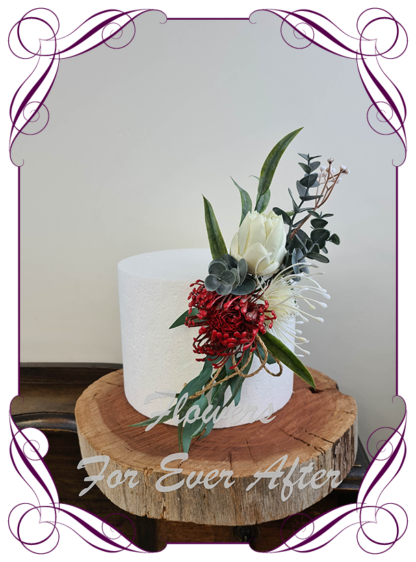 Silk artificial burgundy red, ivory, protea, elegant wedding cake topper decoration. Protea, Australian Native, native gum foliage leaves. Made in Melbourne Australia, post worldwide. Elopement. Eloping bouquet flowers.