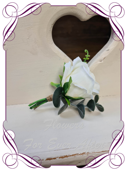 silk artificial gents mens button grooms groomsmans boutonniere for wedding and formal / prom. Ivory rose bud with native gum leaves. Made in Melbourne Australia. Buy online, shipping world wide.