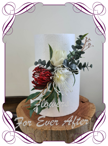 Silk artificial burgundy red, ivory, protea, elegant wedding cake topper decoration. Protea, Australian Native, native gum foliage leaves. Made in Melbourne Australia, post worldwide. Elopement. Eloping bouquet flowers.