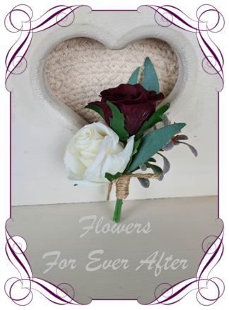 silk artificial gents mens button grooms groomsmans boutonniere for wedding and formal / prom. Burgundy and white rose bud with Australian native gum leaves foliage. Made in Melbourne Australia. Buy online, shipping world wide.