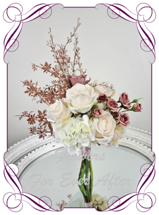 Silk artificial cream ivory brown pink dusty pink wedding flowers bridal bouquet design. Pampas, roses, wattle, moth orchid, rose gold. Made in Melbourne Australia by Australia's best silk florist.