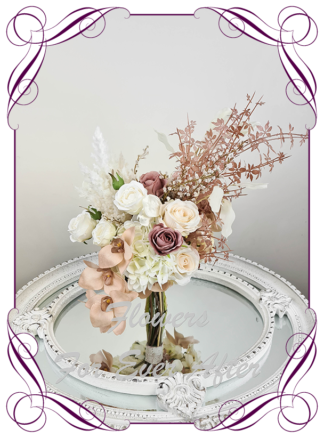 Silk artificial cream ivory brown pink dusty pink wedding flowers bridal bouquet design. Pampas, roses, wattle, moth orchid, rose gold. Made in Melbourne Australia by Australia's best silk florist.