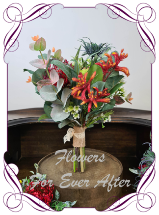 Realistic silk artificial fake flower rustic native Australian bridesmaid posy. Banksia, protea, kangaroo paw, gum leaves .Made in Melbourne. Shipping world wide. Buy online